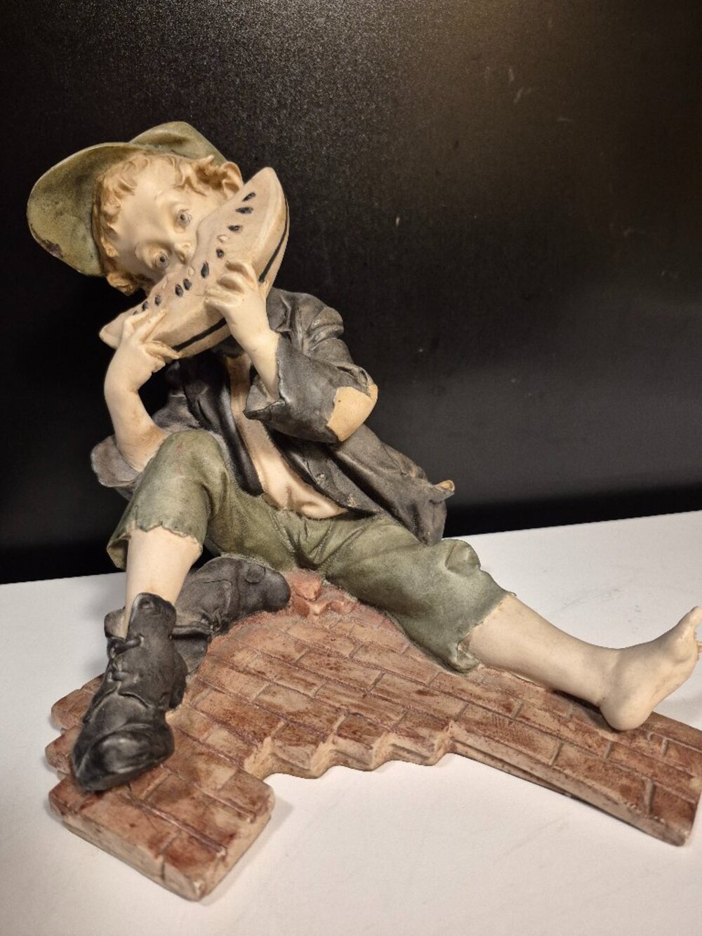 VINTAGE CAPODIMONTE BOY EATING WATERMELON LARGE FIGURINE 7 7/8" X 9"